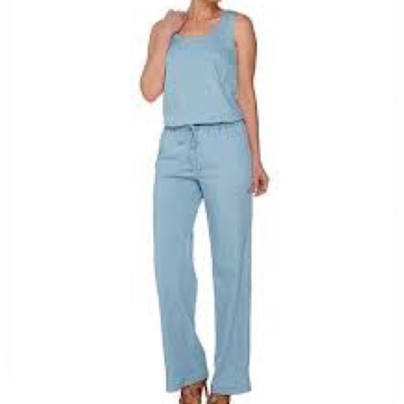 H by Halston Light Blue Chambray Sleeveless Lyocell Jumpsuit - Picture 1 of 11